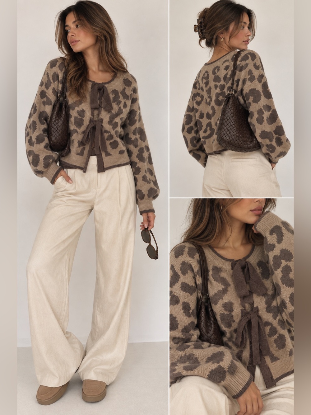 Grunge Bow Leopard Print Tie-Front Knit Cardigan - Taupe/Brown